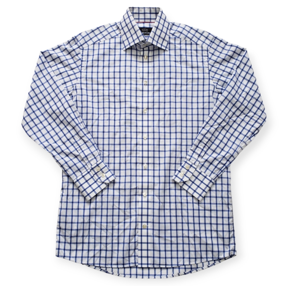 Eton Contemporary Dress Shirt White Blue Windowpane Plaid Button Up 15.5 39 - Picture 1 of 10